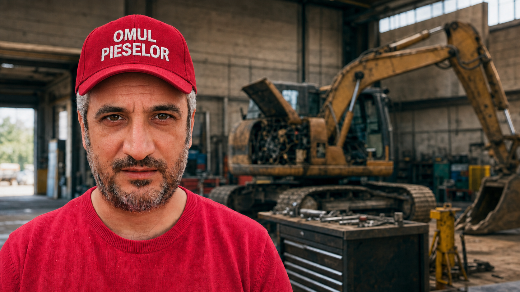Omul Pieselor, într-un atelier de reparații utilaje, lângă un excavator